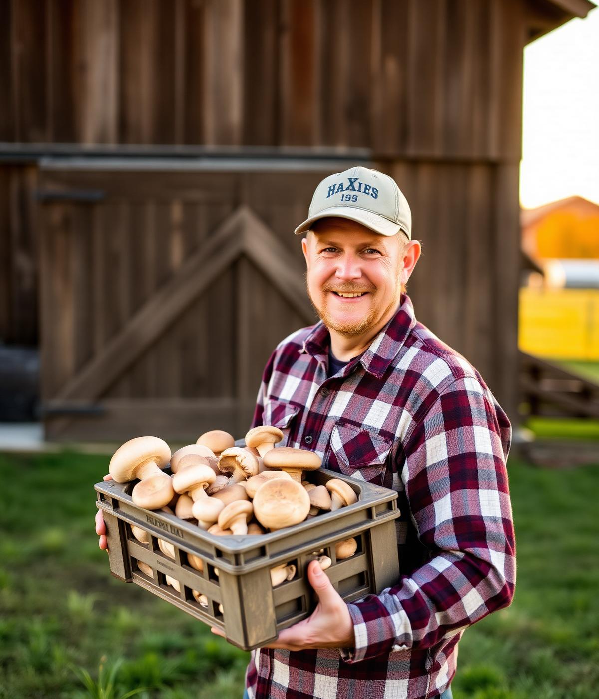 Local farmer with fresh mushrooms